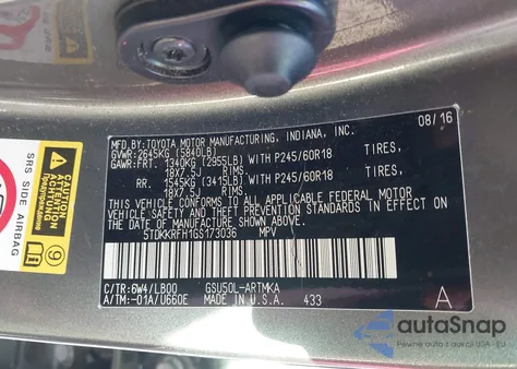 2016 Toyota Highlander Xle V6 z USA, uszkodzony, nr VIN 5TDKKRFH1GS173036